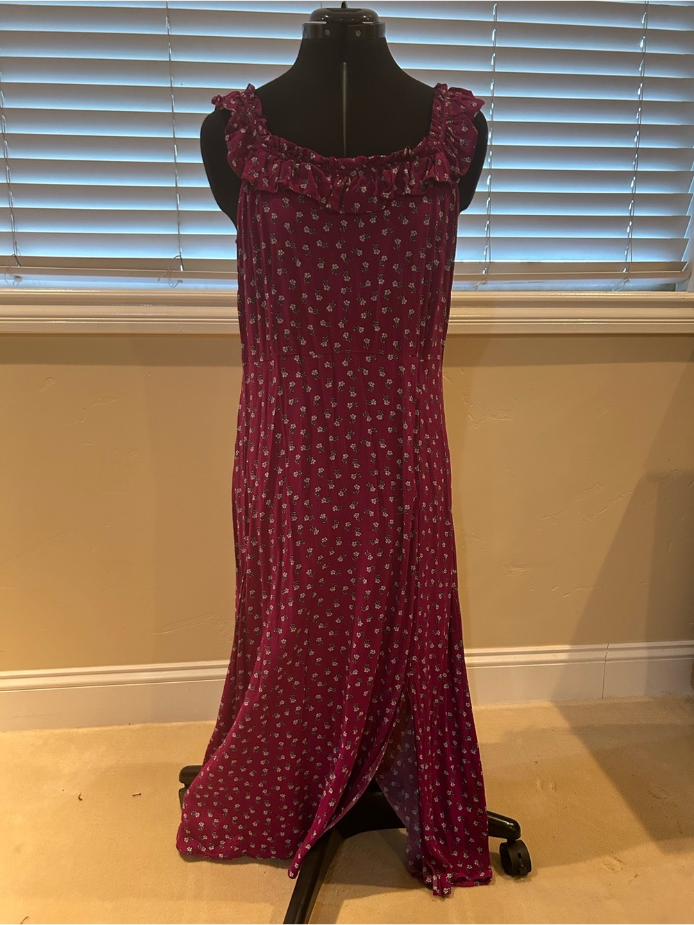 LOFT Berry Floral Ruffle-Neck Maxi Dress